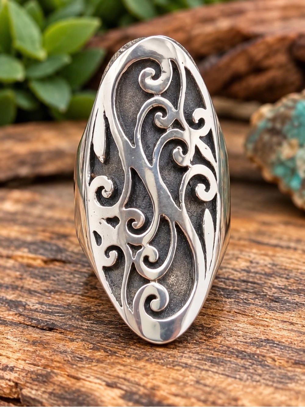 Sterling Silver Filigree Oval Statement Ring - Silver